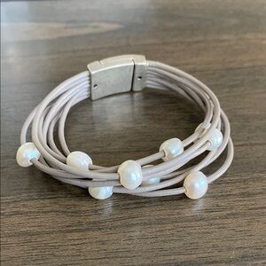 SAACHI Tan and White Multi-Strand Bracelet with fresh water pearls